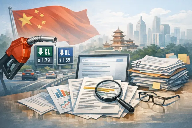 An infographic-style illustration showing three Asian flags (China, Taiwan, South Korea) above barrels of oil and a downward-trending graph representing fuel price cuts in July 202