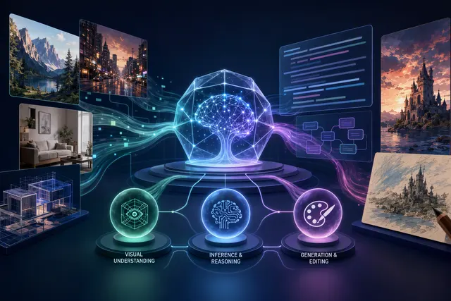 Abstract editorial illustration representing unified AI image generation, editing, visual reasoning, and high-resolution design