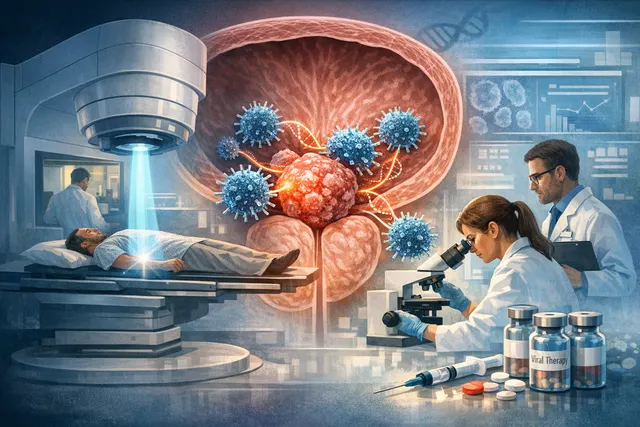 Conceptual illustration of a viral immunotherapy approach for prostate cancer cells.