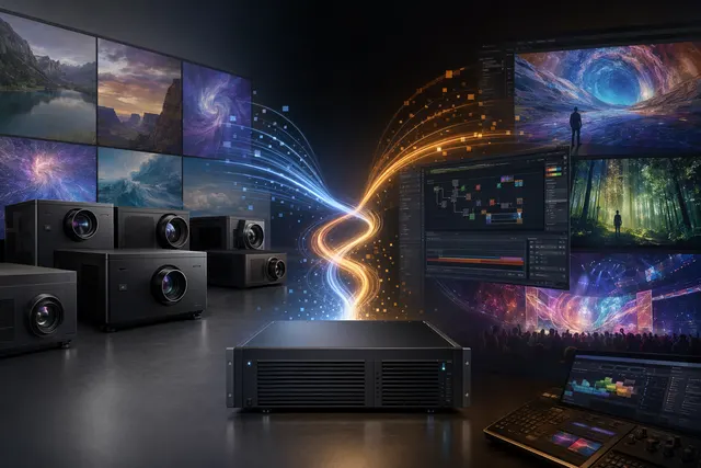 Concept illustration of Panasonic immersive visual systems integrating Hive BeeBlade media servers with displays and projectors