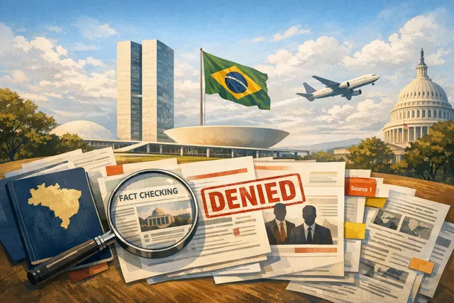 Brazilian and U.S. flags with diplomatic and election imagery, representing the 2026 visa denial and escalating tensions between the two countries.