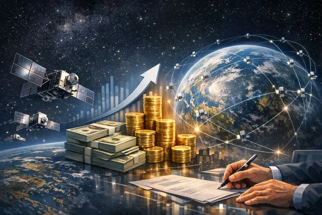 Illustration of Muon Space satellites forming an orbital constellation above Earth