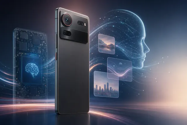 Editorial illustration of an AI-agent smartphone interface