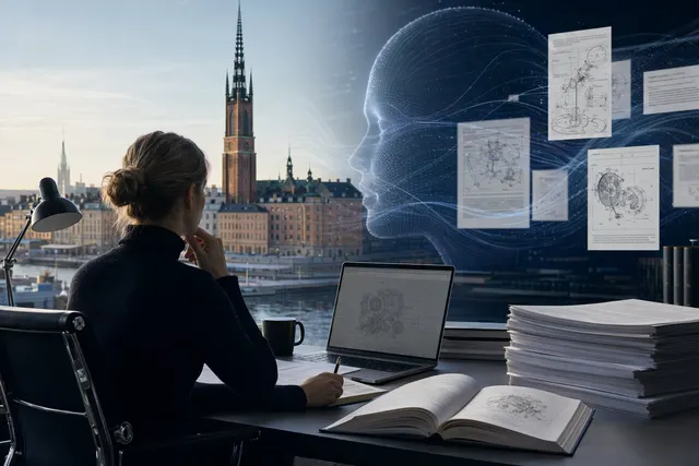 Illustration representing AI agents assisting with patent research and legal analysis