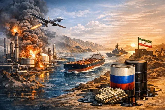 A split map of the Strait of Hormuz and Russian oil infrastructure marked with drone strike symbols and tanker traffic routes, illustrating the twin crises reshaping global oil mar