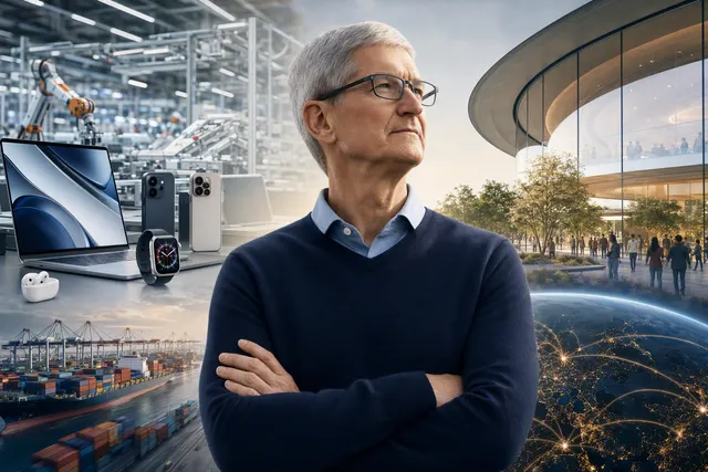 Editorial illustration of Apple’s leadership transition from Tim Cook to John Ternus