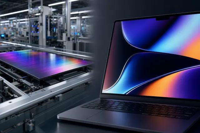 Concept illustration of OLED MacBook Pro display manufacturing using Samsung 8.6‑generation OLED panels