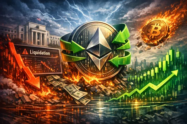 A dramatic abstract visualization of a crypto market crash, with descending red and orange candlestick charts over a dark digital background, representing the $524 million liquidat