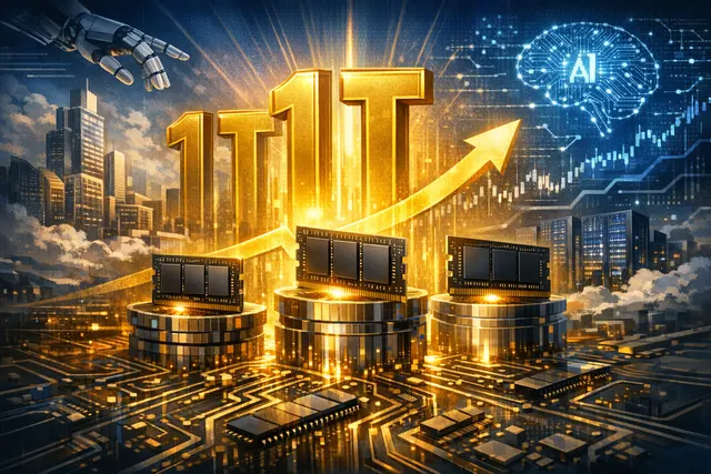 A conceptual illustration of three glowing, trillion-dollar memory chips powering an advanced AI data center, representing the historic simultaneous surge of Micron, SK Hynix, and