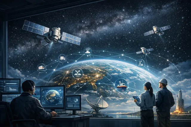 Illustration of low-Earth-orbit satellites providing IoT connectivity to vehicles and remote infrastructure