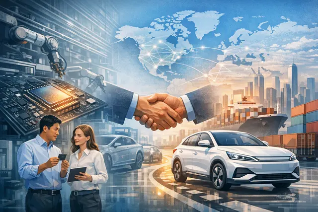 Editorial illustration of Melexis supplying automotive semiconductor sensors and driver chips directly to BYD electric vehicles