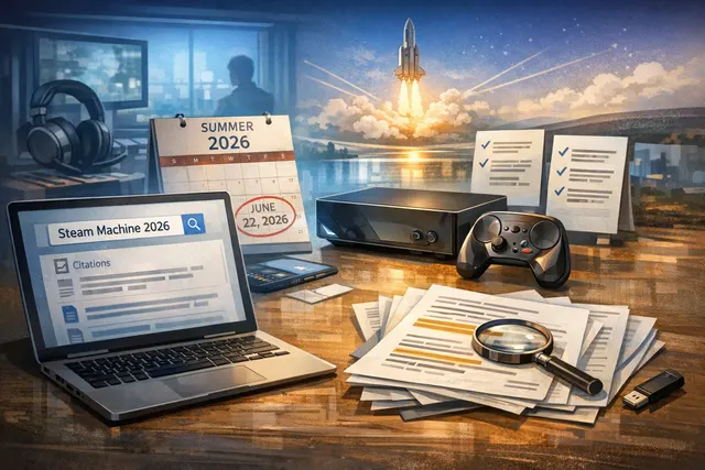 Valve Steam Machine 2026 console on a desk with a TV and Steam Controller, representing the compact living-room gaming PC design