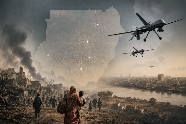 Illustration of drones flying over a conflict zone representing drone warfare in Sudan