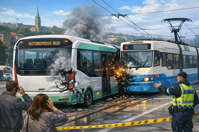 An autonomous bus navigating a busy city street with trams, cyclists, and pedestrians nearby, illustrating the complexity of mixed-traffic urban transit.