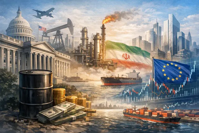 Editorial illustration of global markets reacting to U.S. Iran sanctions, oil prices, Treasury yields and Nvidia earnings
