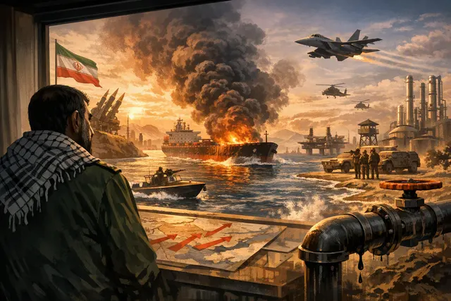 Illustration of Iran’s warning to neighboring countries over U.S. economic pressure and Strait of Hormuz oil shipments