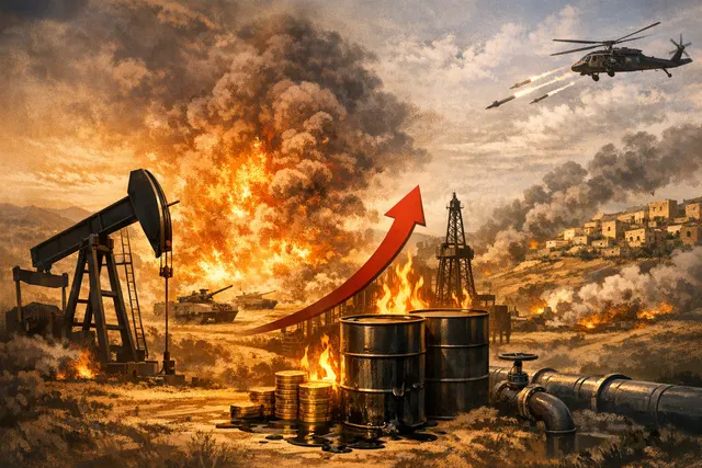 Abstract illustration of an oil tanker navigating through a fiery maritime chokepoint, representing supply risk in the Strait of Hormuz amid Middle East escalation.
