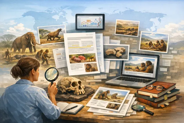 An artistic depiction of a Homo floresiensis hominin standing in a cave overlooking a landscape, representing the new study that redefines the hobbit's behavior.
