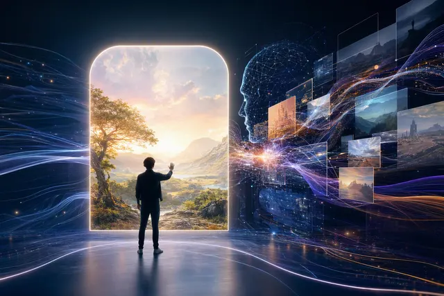 Editorial illustration representing JD’s JoyAI-EchoWM interactive audiovisual world model