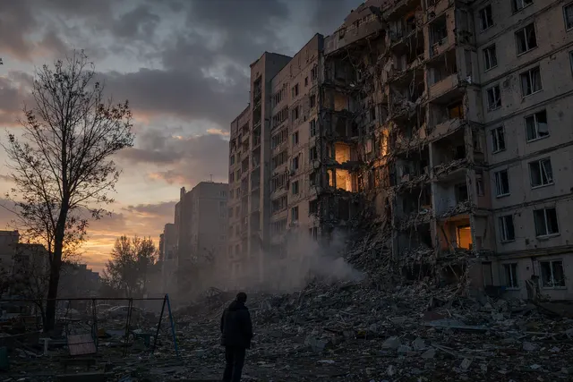 Illustration representing damage to a residential building during strikes in Ukraine