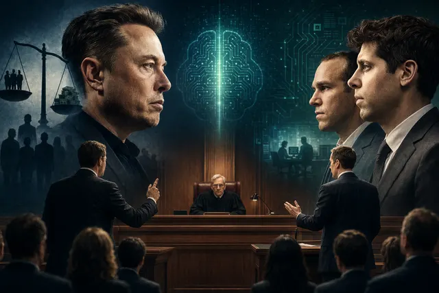 Editorial illustration representing the legal battle between Elon Musk and OpenAI over the company’s nonprofit-to-for-profit transition