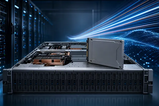 Concept illustration of a high‑density 2U AI storage server packed with NVMe SSDs representing a 9.8 PB Dell and Kioxia configuration