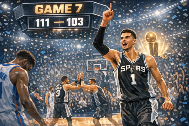 San Antonio Spurs players celebrating their 111-103 Game 7 victory over the Oklahoma City Thunder to advance to the 2026 NBA Finals.