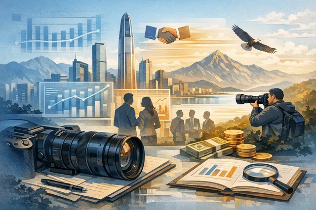 Conceptual illustration of a compact long-range imaging device capturing a distant subject