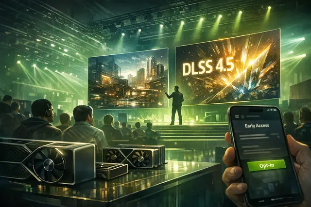 Editorial illustration of Nvidia DLSS 4.5 Ray Reconstruction enhancing ray-traced game graphics