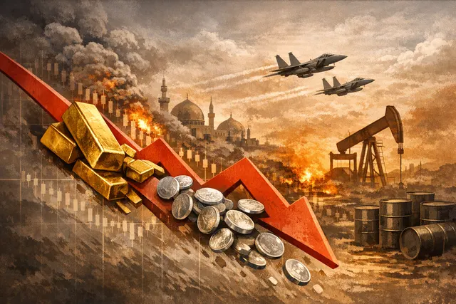 Gold and silver bars and coins displayed against a backdrop of downward-pointing market charts, illustrating the 2026 precious metals sell-off.