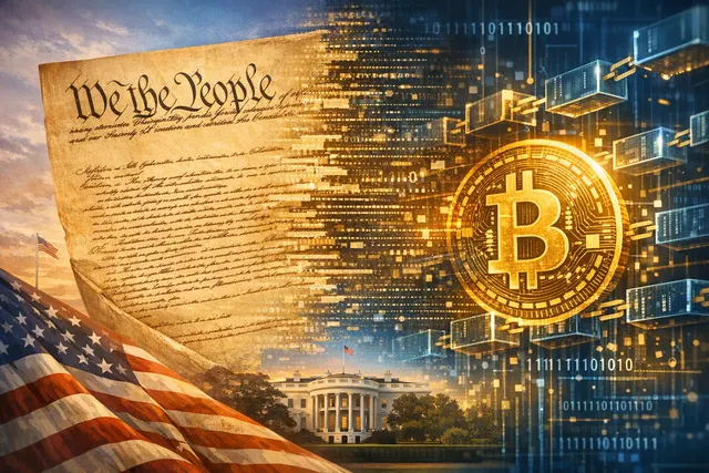A stylized digital rendering of the U.S. Constitution being permanently inscribed onto the Bitcoin blockchain through a glowing node.
