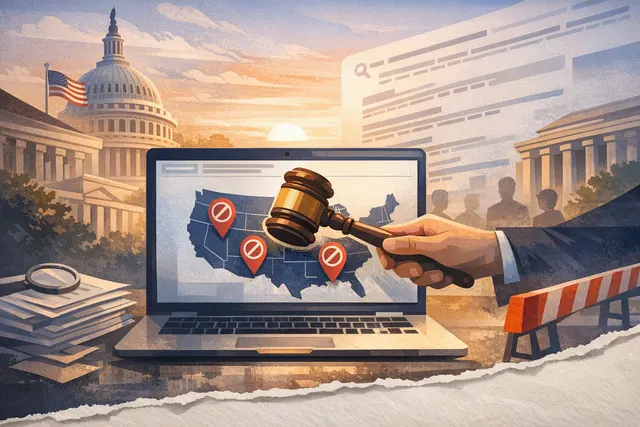 Conceptual illustration of Google search enforcement changing across European and non-European regions