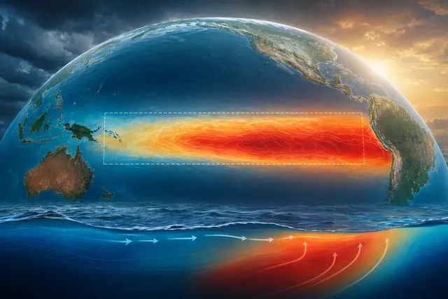 Illustration of El Niño warming across the equatorial Pacific Ocean affecting global weather patterns