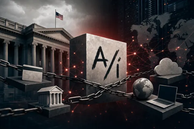 Editorial illustration of digital infrastructure and sanctions-related disruption