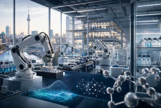 Conceptual illustration of an AI‑driven autonomous laboratory using robotics and machine learning to discover new materials