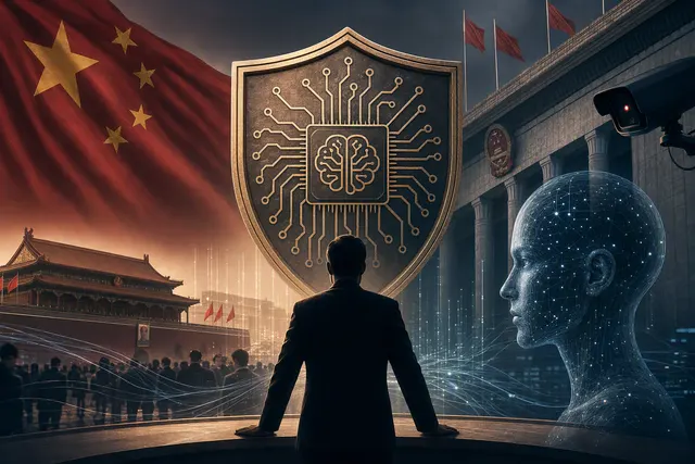 Editorial illustration of artificial intelligence, cybersecurity and China’s national-security concerns