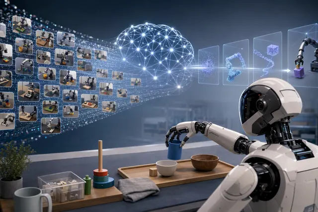 Editorial illustration of a humanoid robot performing a tabletop manipulation task