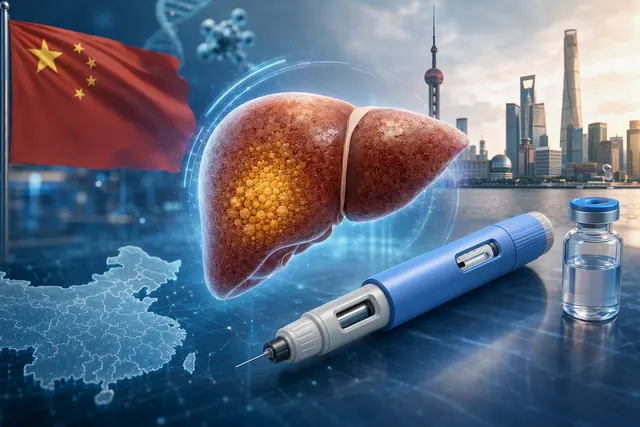 Editorial illustration of Wegovy’s China approval for MASH treatment