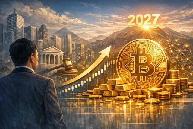 Bitcoin coin and financial market chart illustrating CK Zheng’s $150,000 Bitcoin forecast for 2027