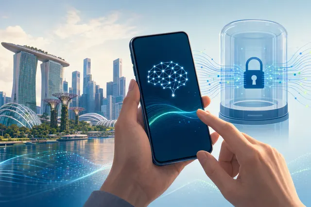 Illustration of an Android phone using on-device AI to identify a suspicious scam conversation