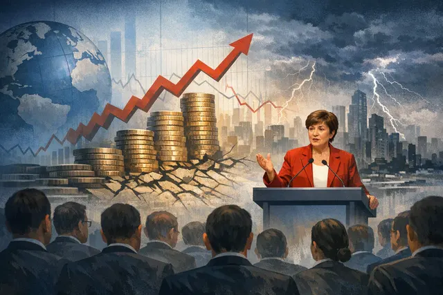 Editorial illustration representing rising global public debt and the IMF’s warning at the 2026 G20 finance meeting
