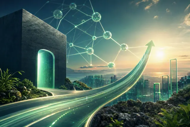 Abstract illustration of digital trading activity moving across a blockchain network, with token shapes and chart lines.