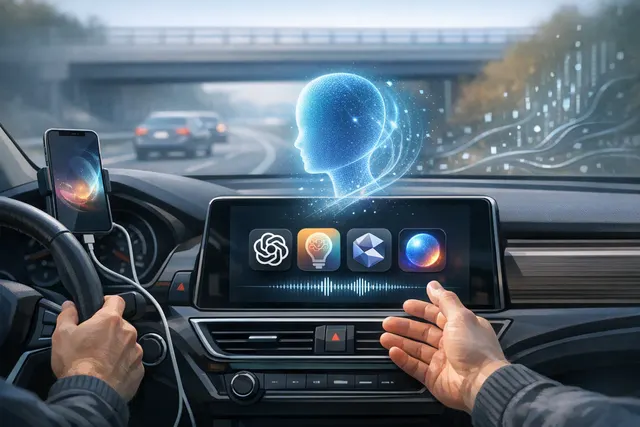 Illustration of Meta AI and Apple CarPlay bringing voice-based AI conversations to a vehicle dashboard