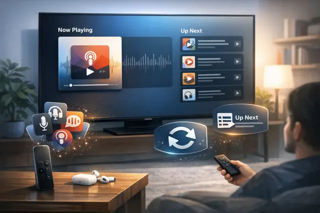 Pocket Casts Apple TV app interface showing podcast library, Up Next queue, and cross-device synced playback on a living room TV screen