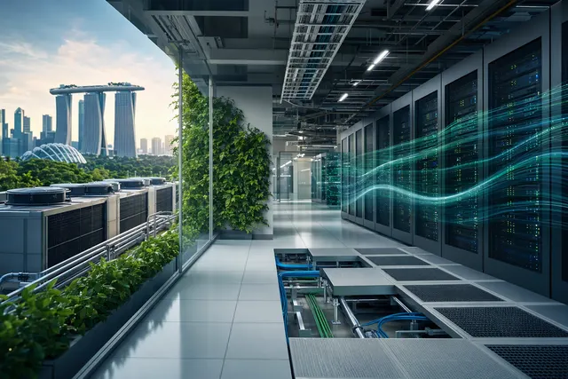 Illustration of a data centre representing the challenge of supporting AI computing while managing power and cooling use