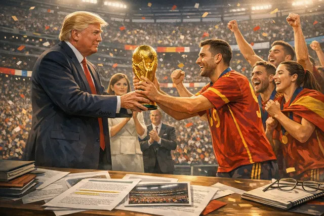 AI-generated image of President Donald Trump and FIFA President Gianni Infantino jointly holding the World Cup trophy on the pitch at MetLife Stadium, with booing fans in the backg
