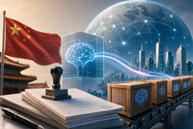 Editorial illustration about DeepSeek and MiniMax registering under China’s draft AI export rules
