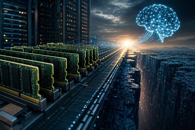 Illustration of memory chips and data-center hardware representing rising demand for AI memory