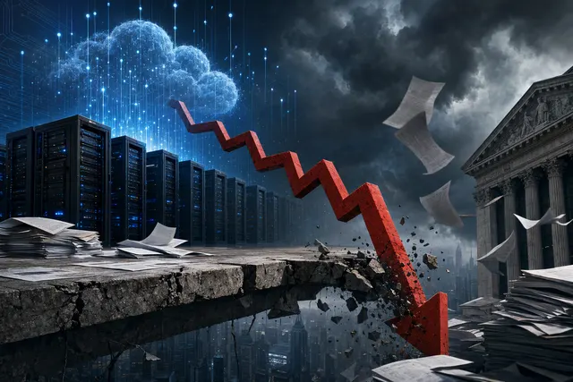 Editorial illustration of AI data-center infrastructure amid market volatility