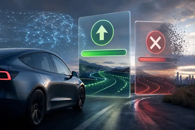 Editorial illustration of a Tesla using an emergency collision-avoidance maneuver on a highway